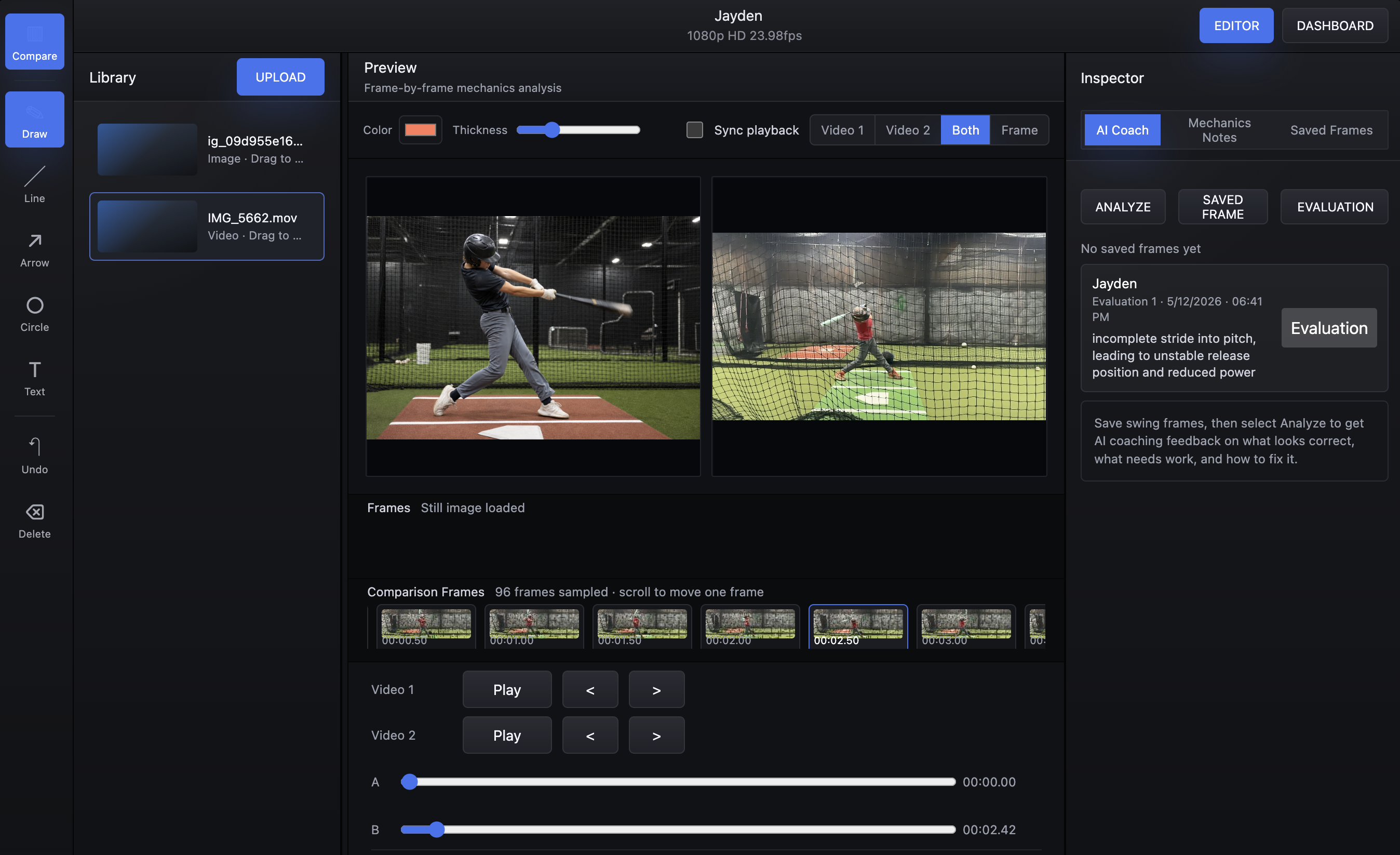 DiamondFrame compare mode with two training clips and coaching tools